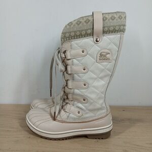 Sorel Boots Womens US 6 Cream Waterproof Quilted Lace Up Winter Cozy Faux Fur